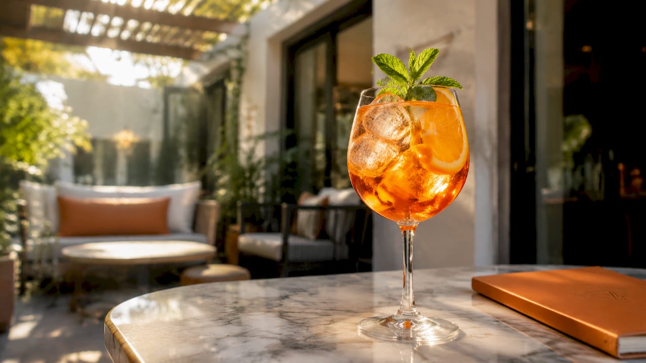 Een frisse Aperol Spritz, geserveerd met een schijfje sinaasappel en een takje munt, van dichtbij gefotografeerd.