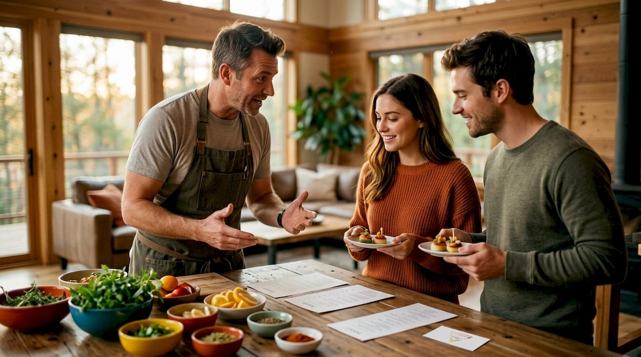 Een chefkok bespreekt samen met een stel de verschillende mogelijkheden voor het cateringmenu.
