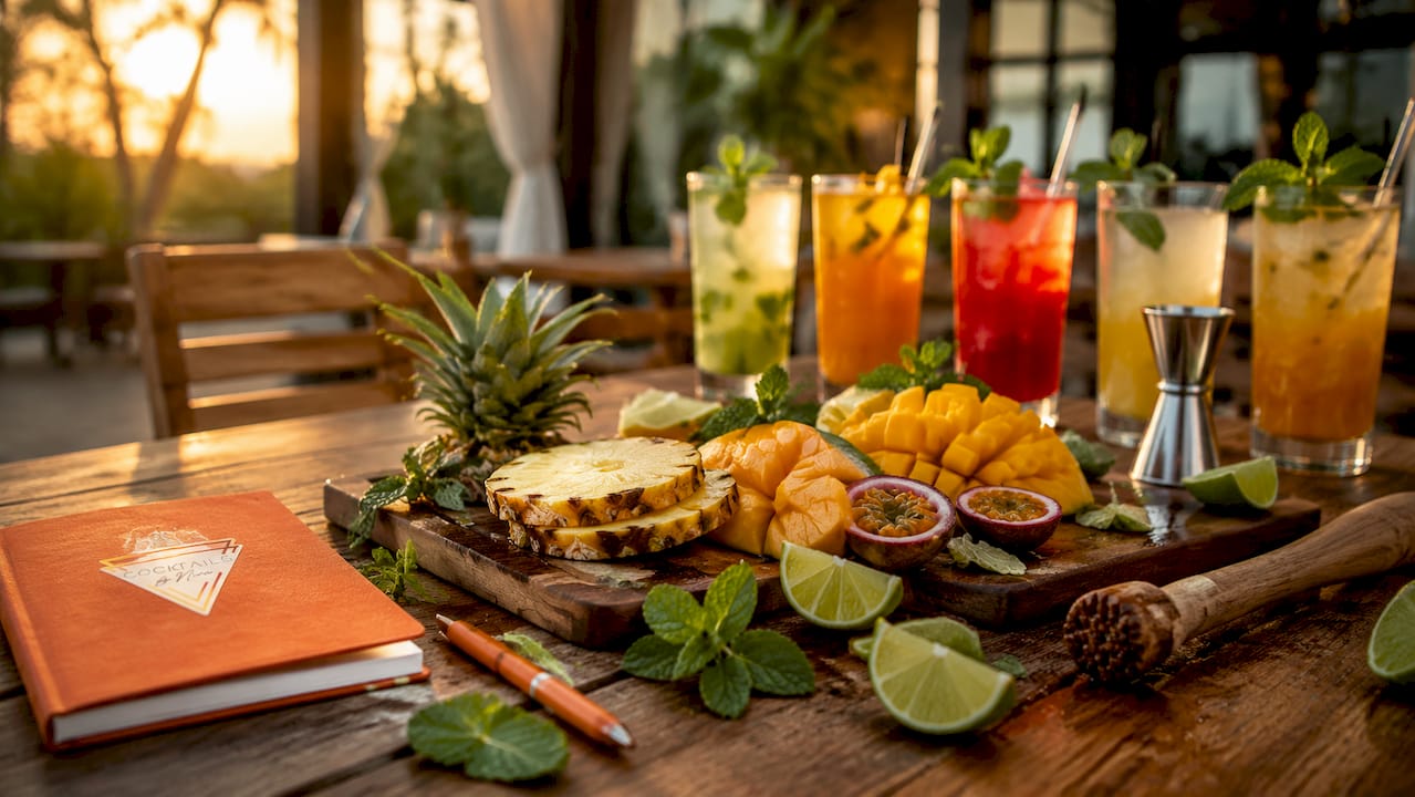 A cutting board full of freshly cut tropical fruit, garnished with fresh mint leaves.