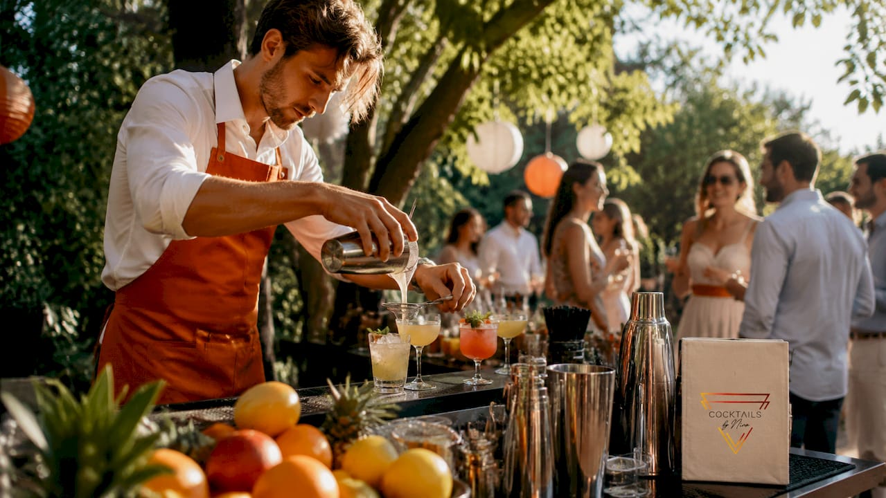 An experienced bartender mixes the most delicious cocktails at the garden party.