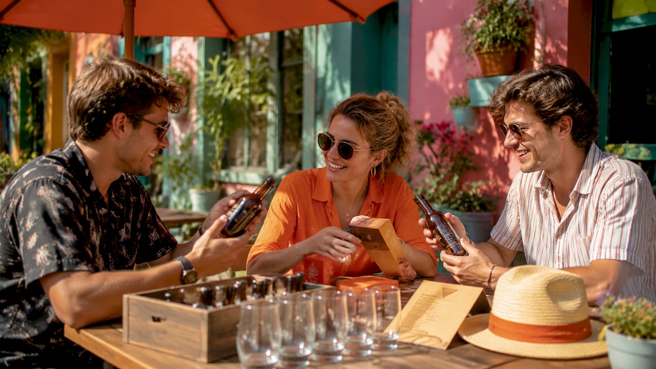 A group of friends stands outside, comparing different drink packages to see which is best.