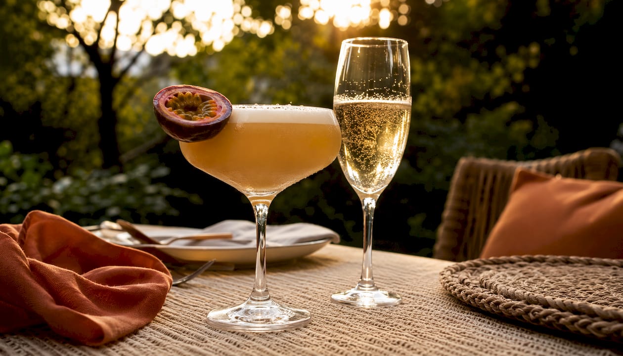 Pornstar Martini served in a prosecco glass