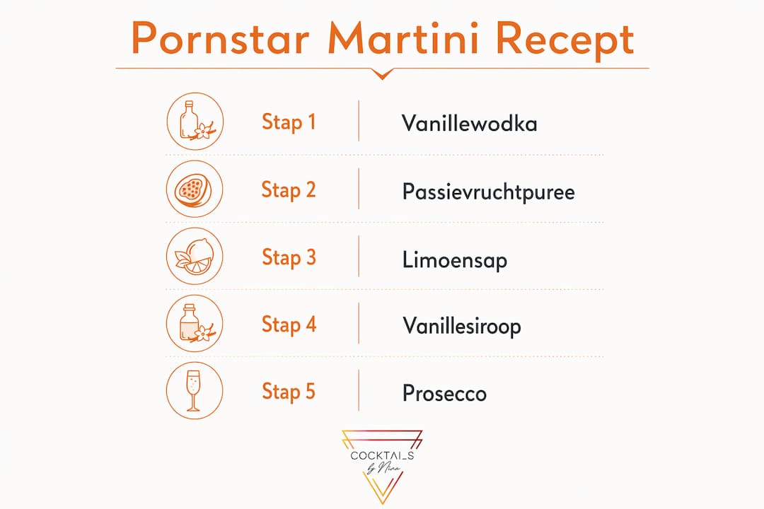 Clear infographic with ingredients and preparation steps for a Pornstar Martini
