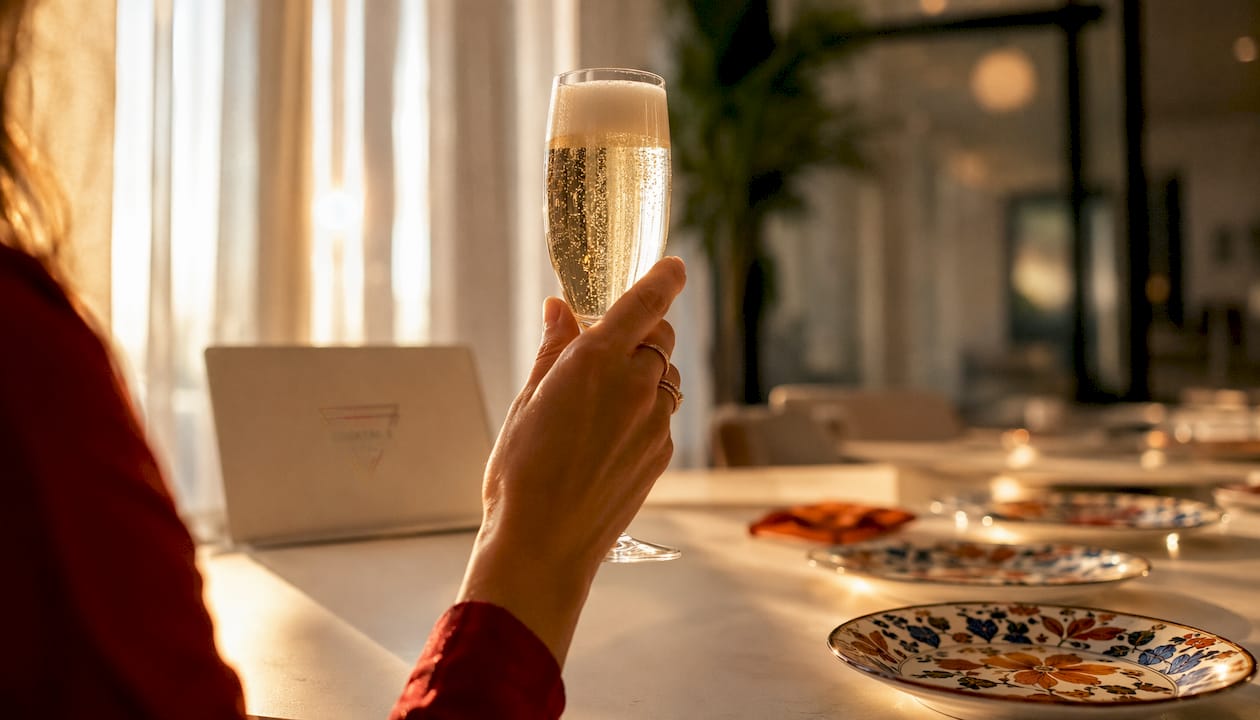 A hand serving a demi-sec cocktail in an elegant flute.