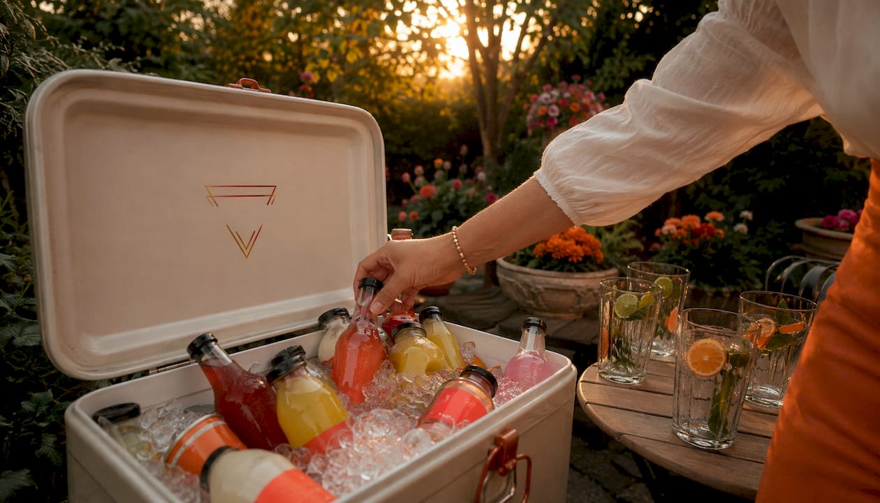 Chilled ready-to-drink frozen cocktail bottles, straight from the bottle, served on a bed of ice.