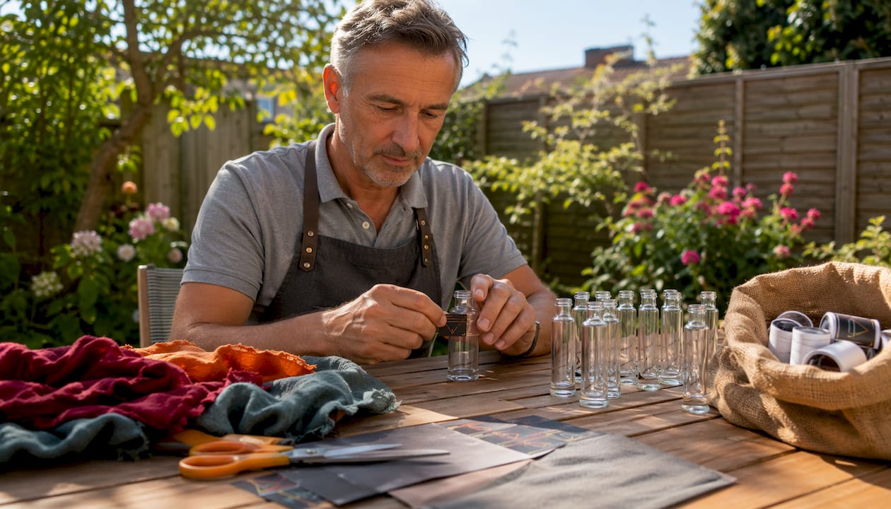 Man labeling small bottles in his home workshop.