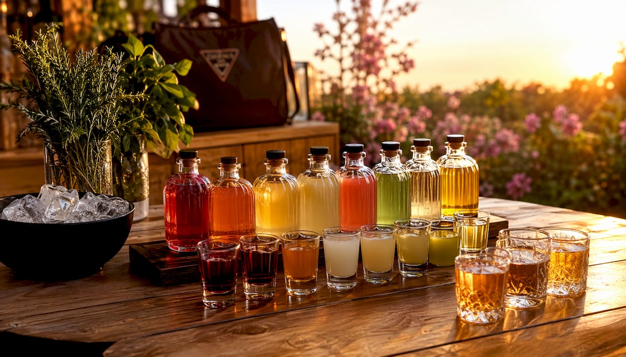 A colorful collection of shot bottles is displayed on the dining table, seen from above.