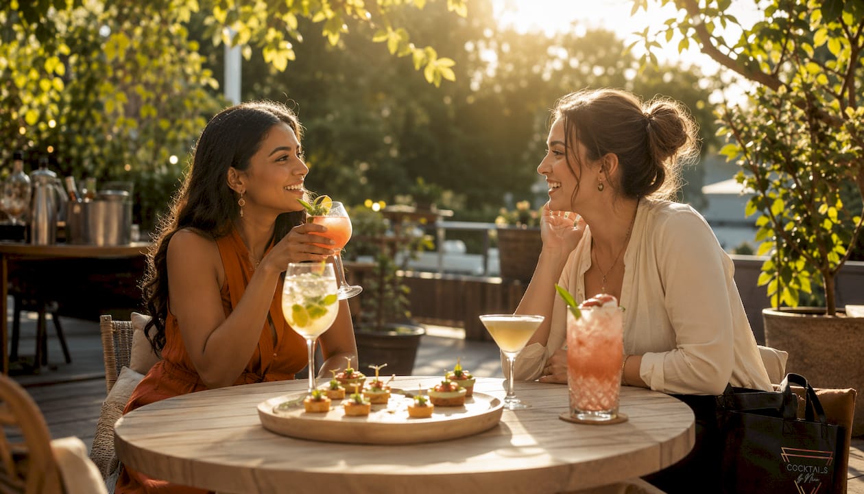Two women are cozily chatting in the living room with cocktails in hand.