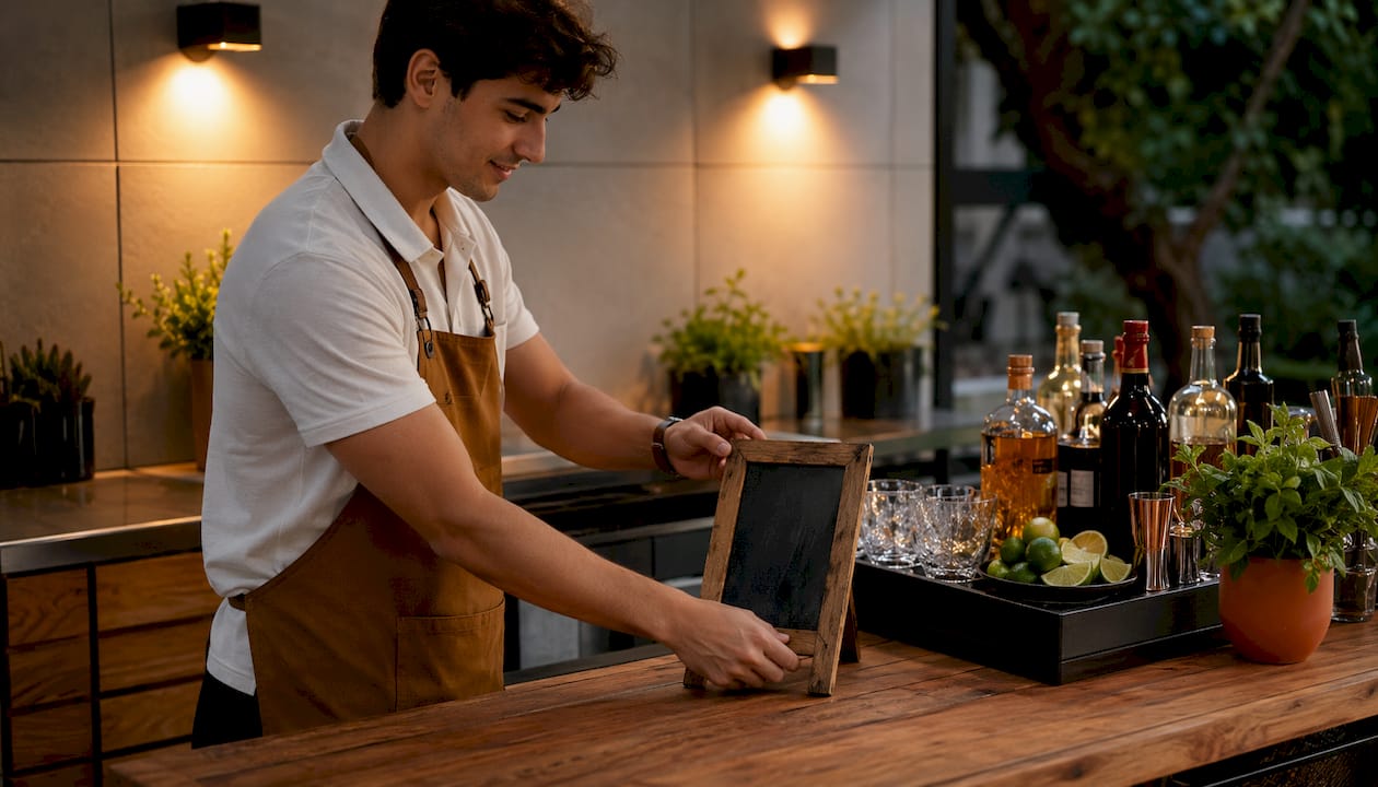 Man zet een krijtbordje neer bij de cocktailbar