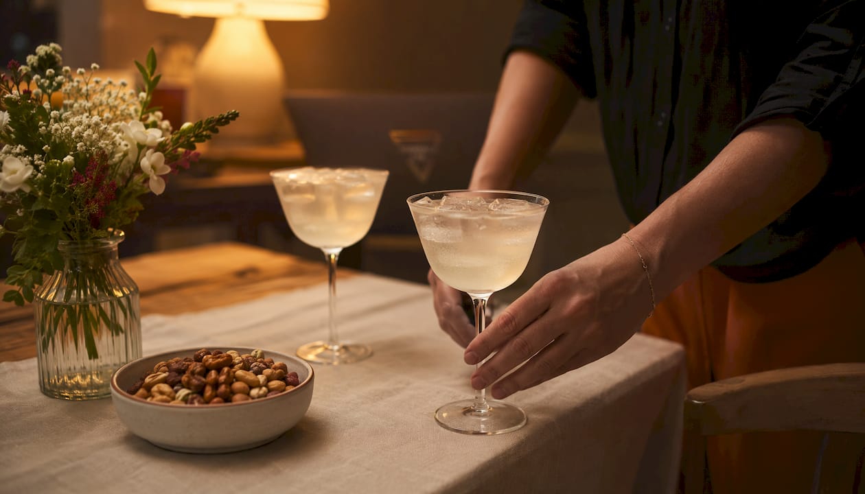 Met een soepele beweging zet iemand een makkelijk drankje op tafel.