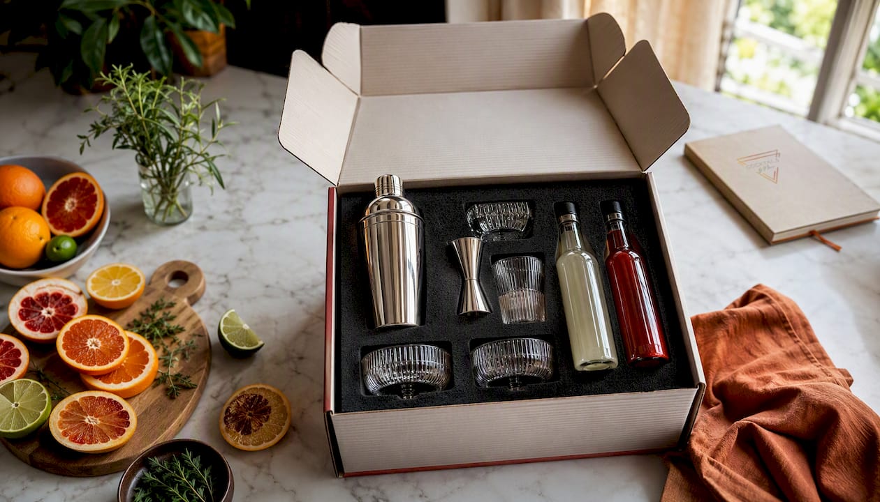 Compleet cocktailcadeaupakket klaar om direct mee te nemen vanaf de toonbank