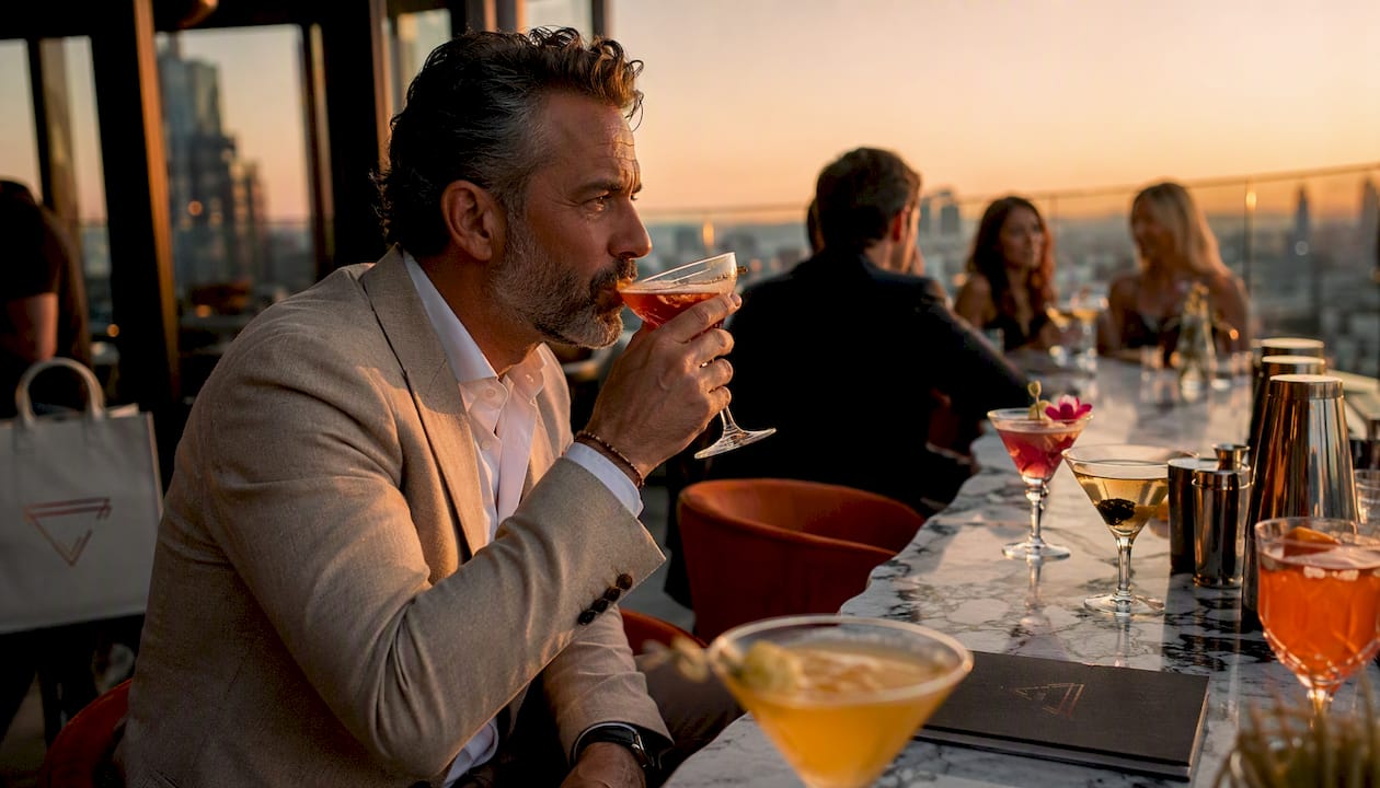 Een zakenman proeft een unieke cocktail aan een sfeervol aangeklede tafel tijdens een evenement.