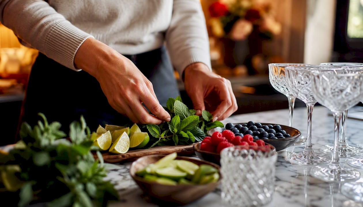 Des mains arrangeant soigneusement des garnitures de cocktails et des verres colorés.