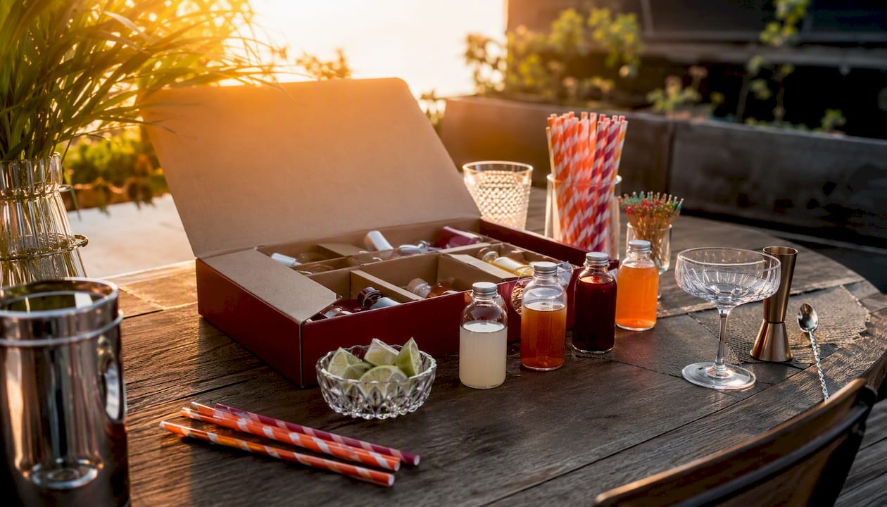 Cocktail proefbox geopend, compleet met bijpassende garnituren