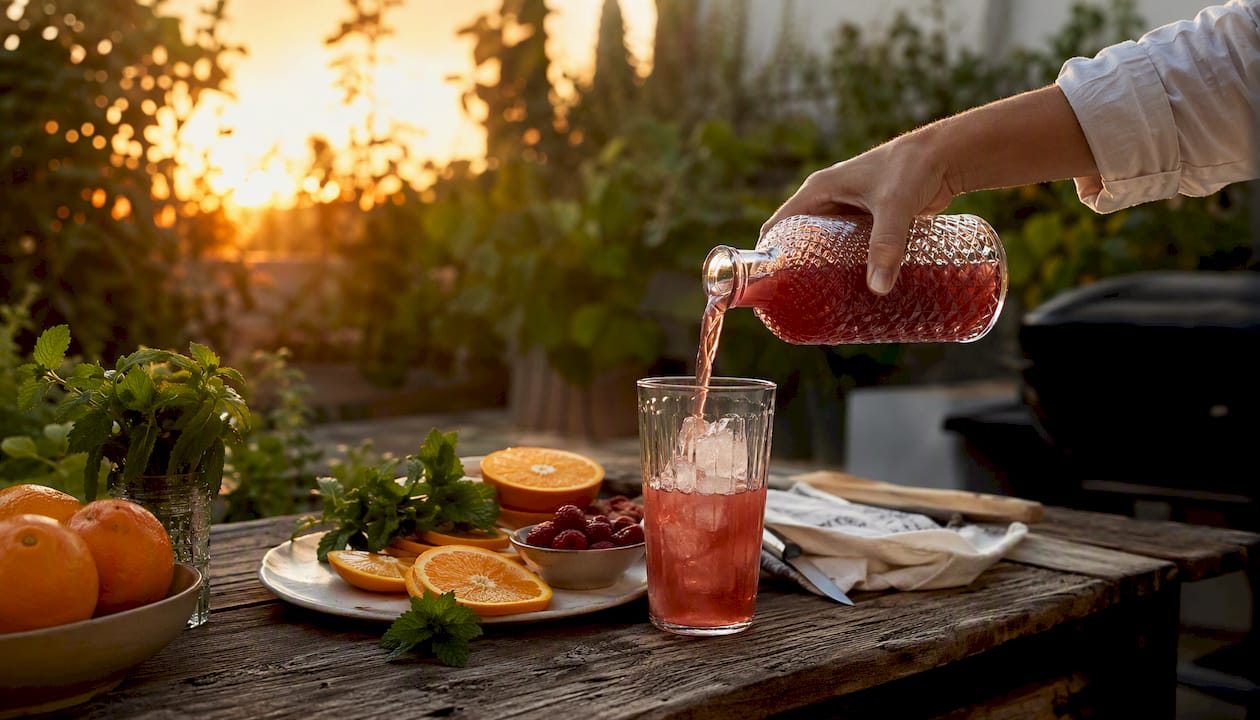 Terwijl de glazen op tafel staan, wordt er een cocktail ingeschonken.