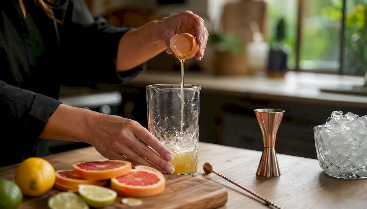 Iemand voegt eiwit toe aan een mixglas voor een cocktail.