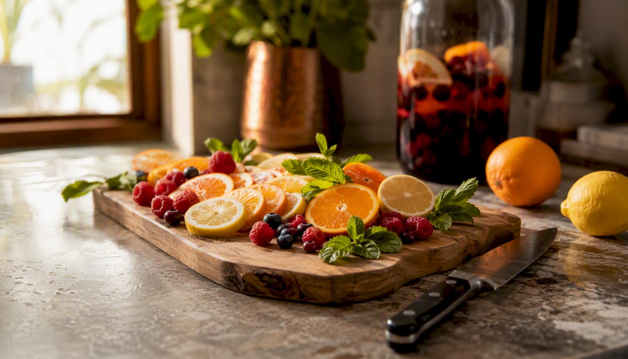 Vers gesneden fruit en kruiden liggen klaar om de sangria te maken.