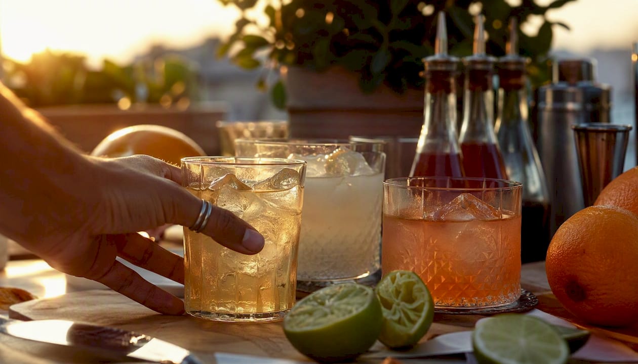 Drie frisse cocktails met citrus liggen klaar op tafel.