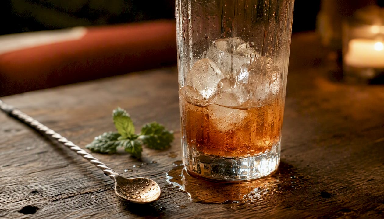 Een glas met een cocktail waarin het ijs al deels gesmolten is.