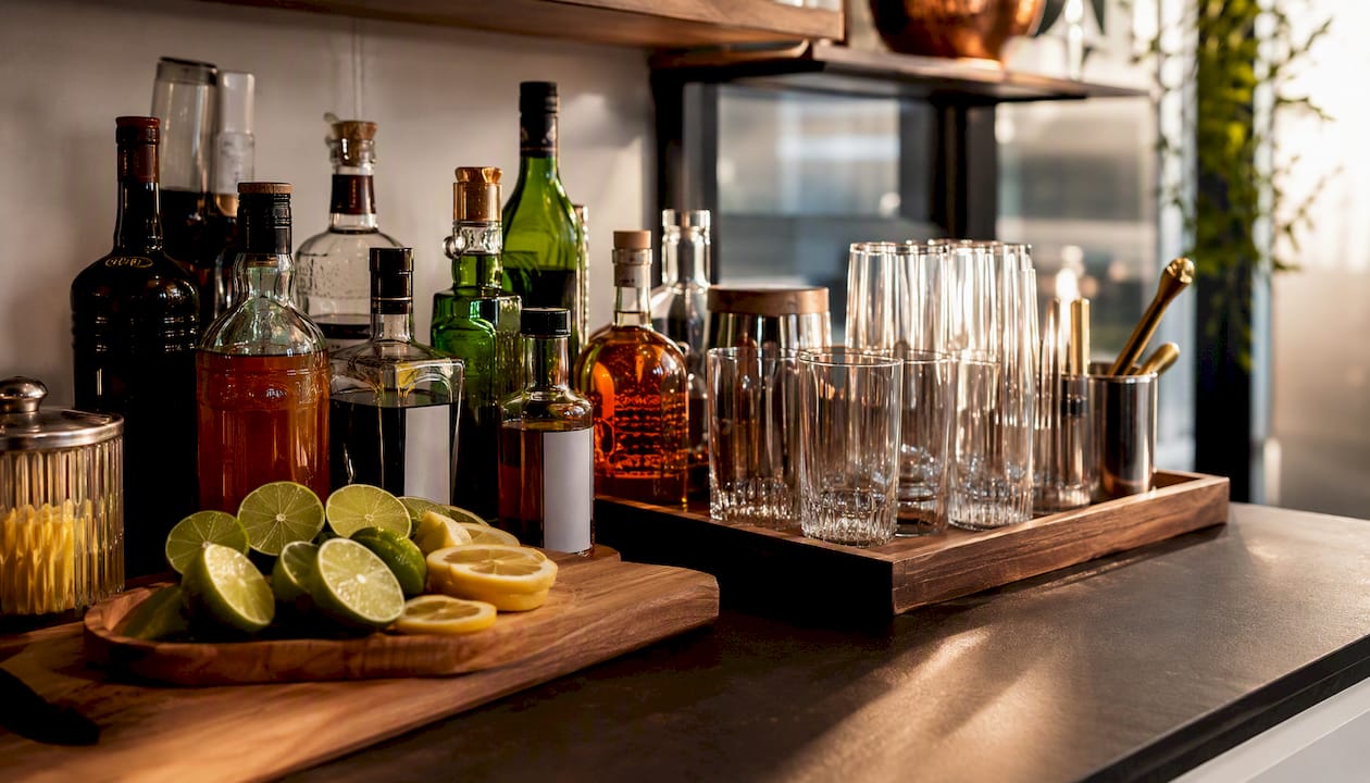 Zelfbedieningsbar met flessen en verse garnituren