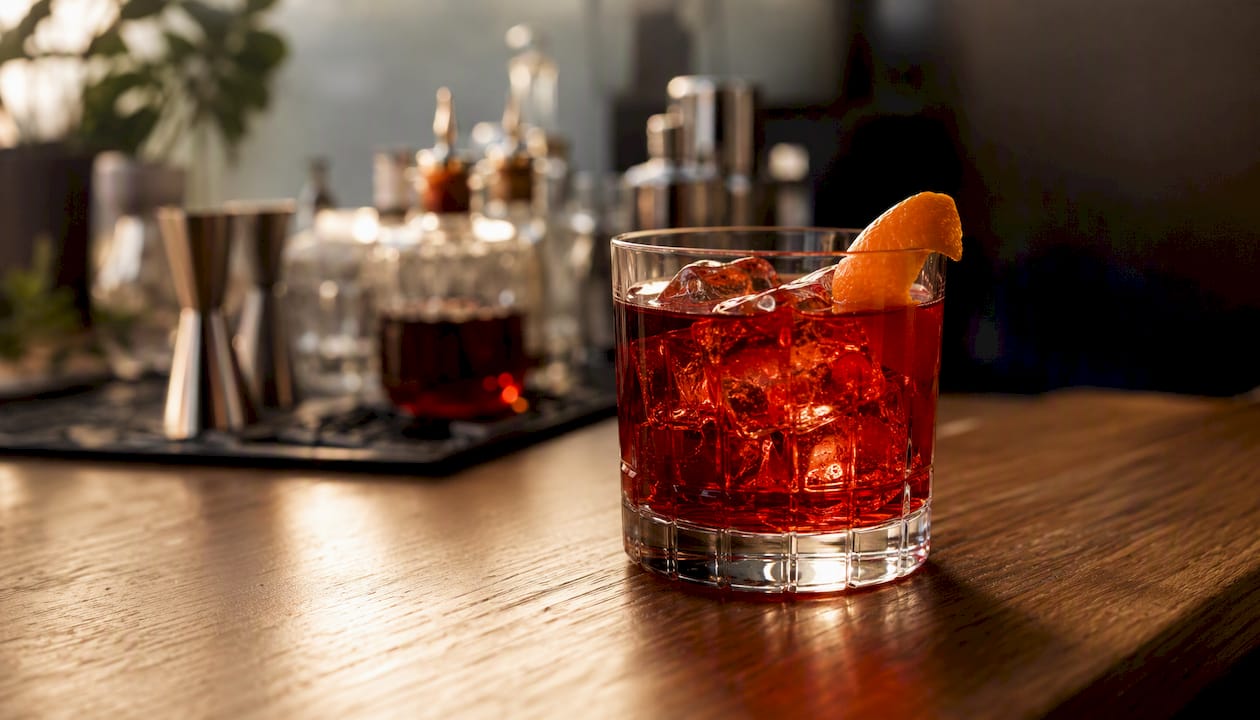 Een klassieke Negroni geserveerd in een tumblerglas, afgewerkt met een schijfje sinaasappelschil.