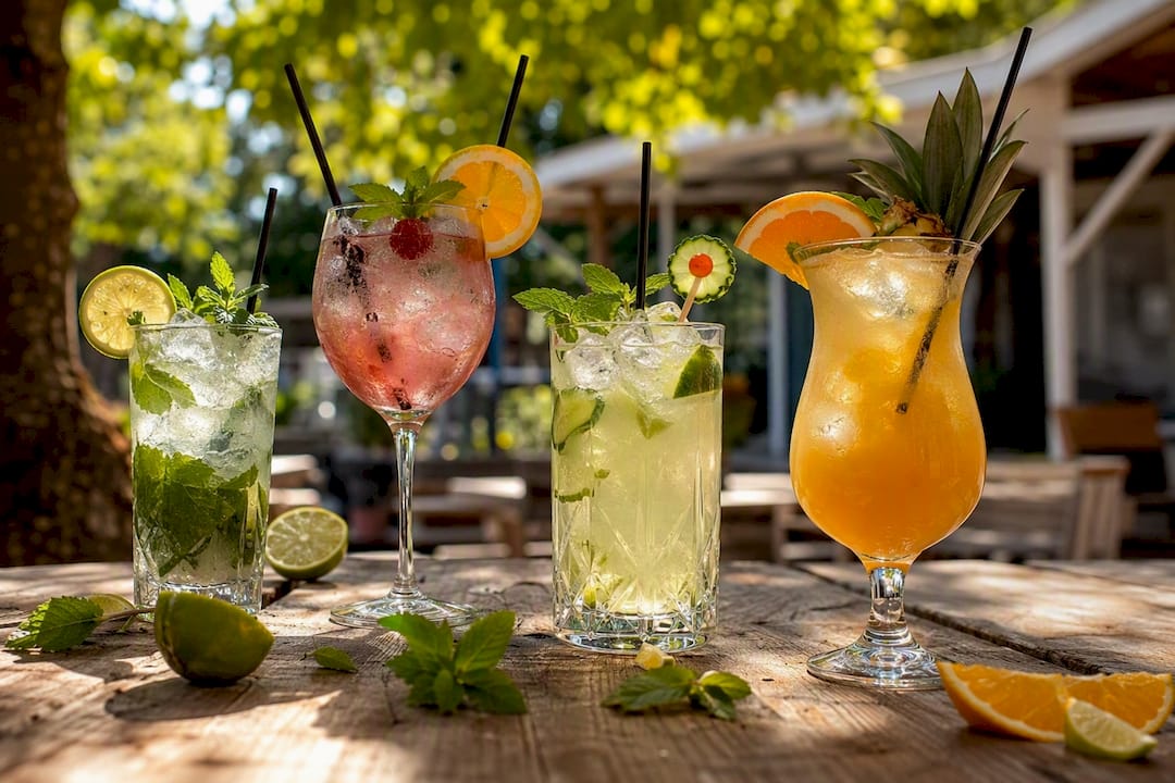 Op de bar staan diverse cocktails, elk met een eigen thema en unieke uitstraling.