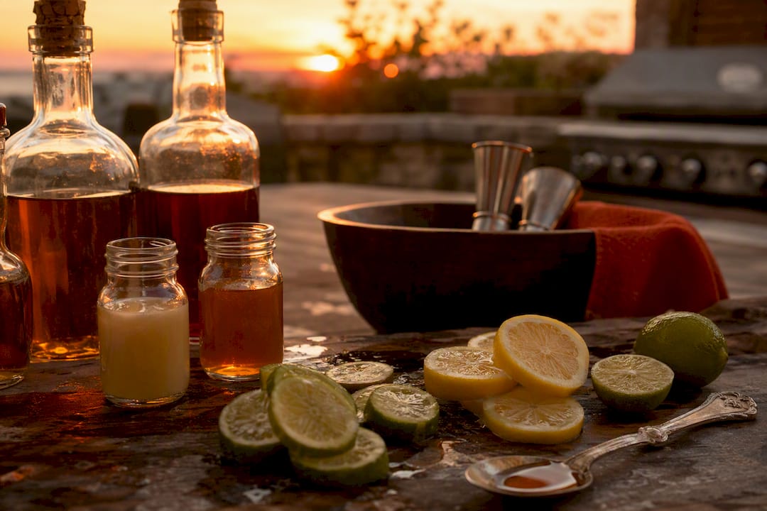 Tiki-cocktailingrediënten sfeervol van bovenaf uitgestald