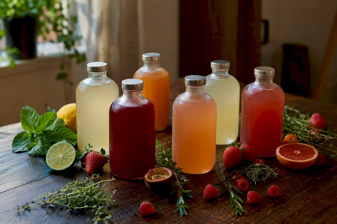 Assortiment alcoholvrije mocktailflessen met garnering
