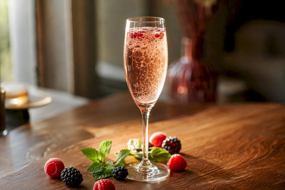 Roze bessenspritzer met limonade in een flûteglas