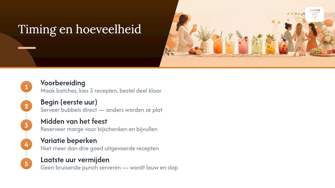 Diagram met tips over timing en hoeveelheden voor babyshower-mocktails