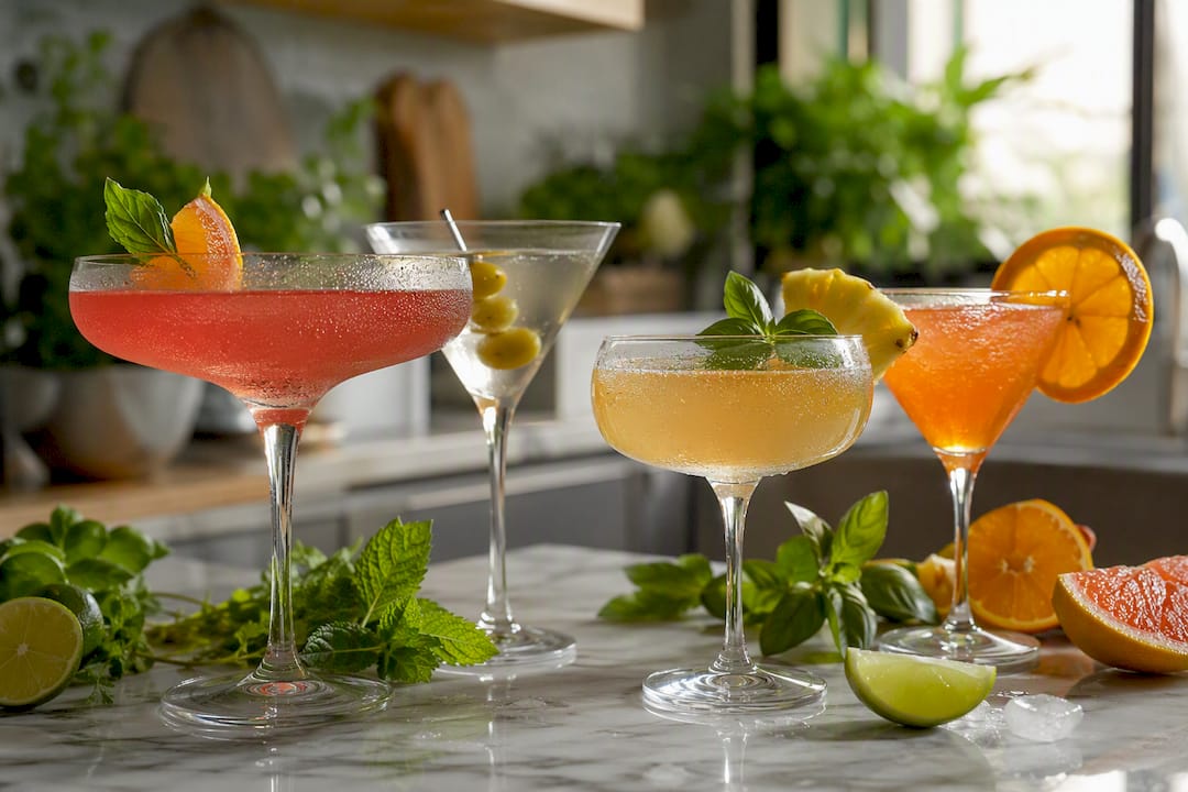 Verschillende cocktailglazen met garnering op de bar