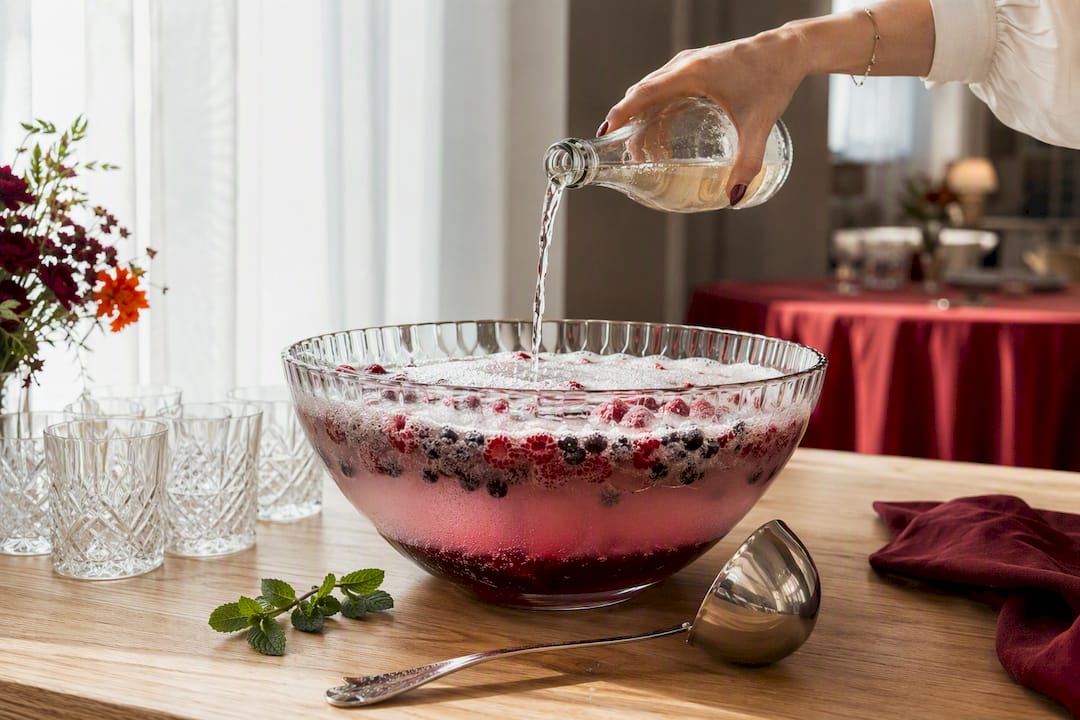 Bubbelende punch met bevroren bessen in een schaal