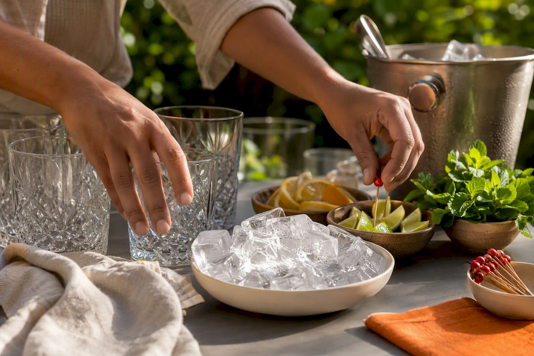 Glaswerk, ijs en citrus voor de tuinbar