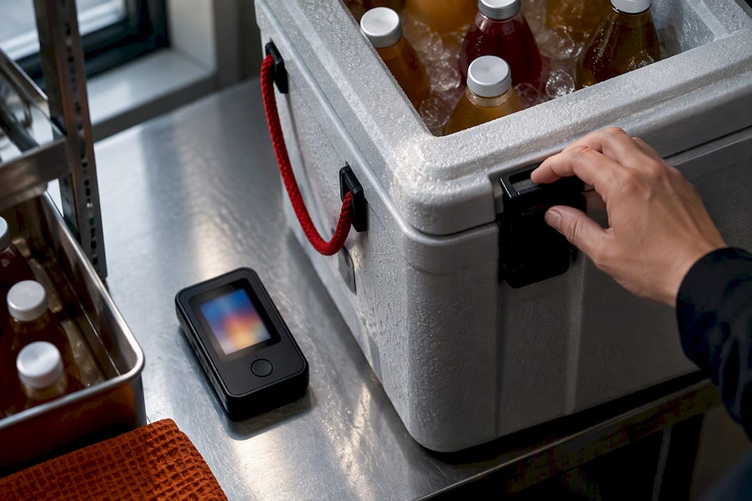 Datalogger naast de geïsoleerde koelbox