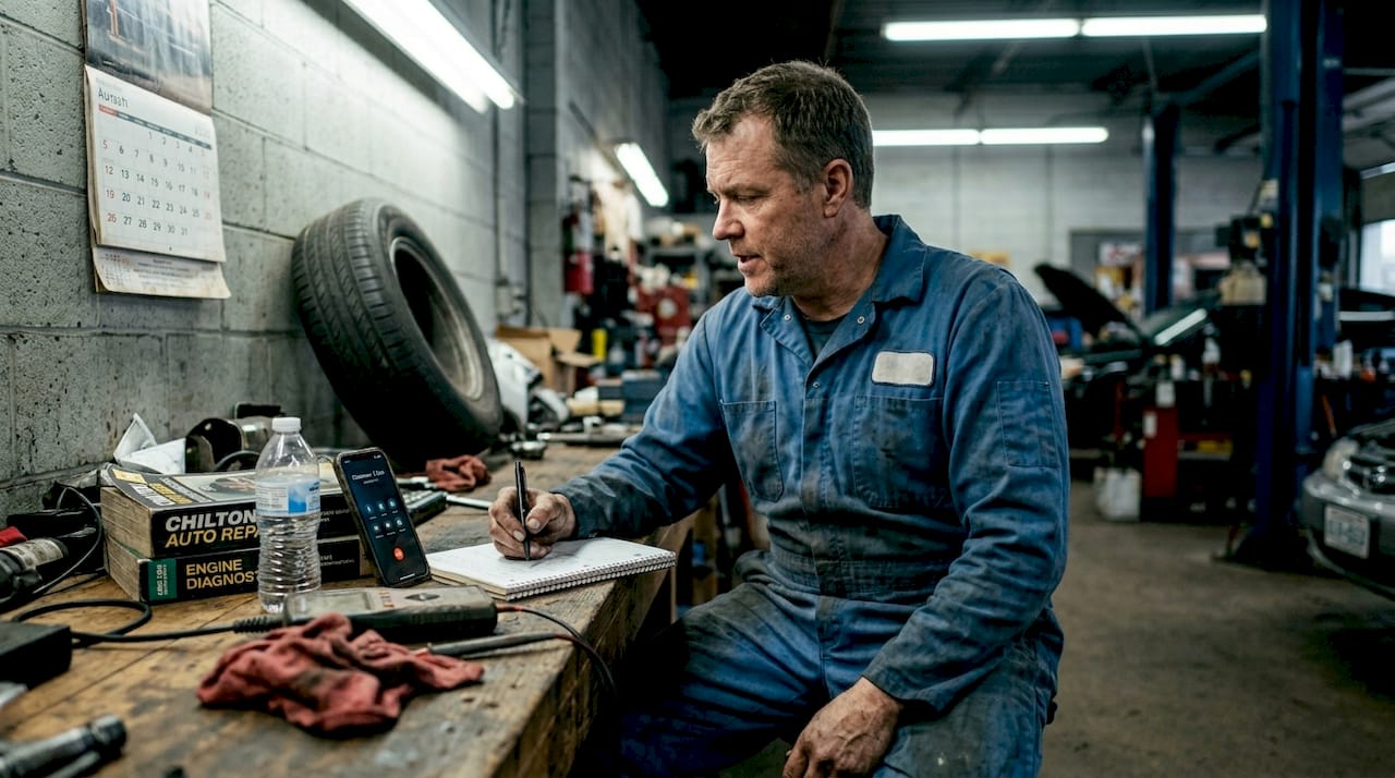 Mechanic calling customer for urgent auto repair