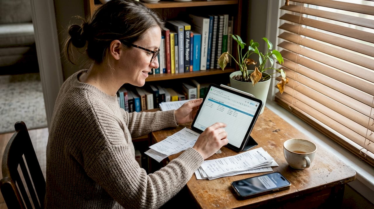 Woman logging car maintenance digitally