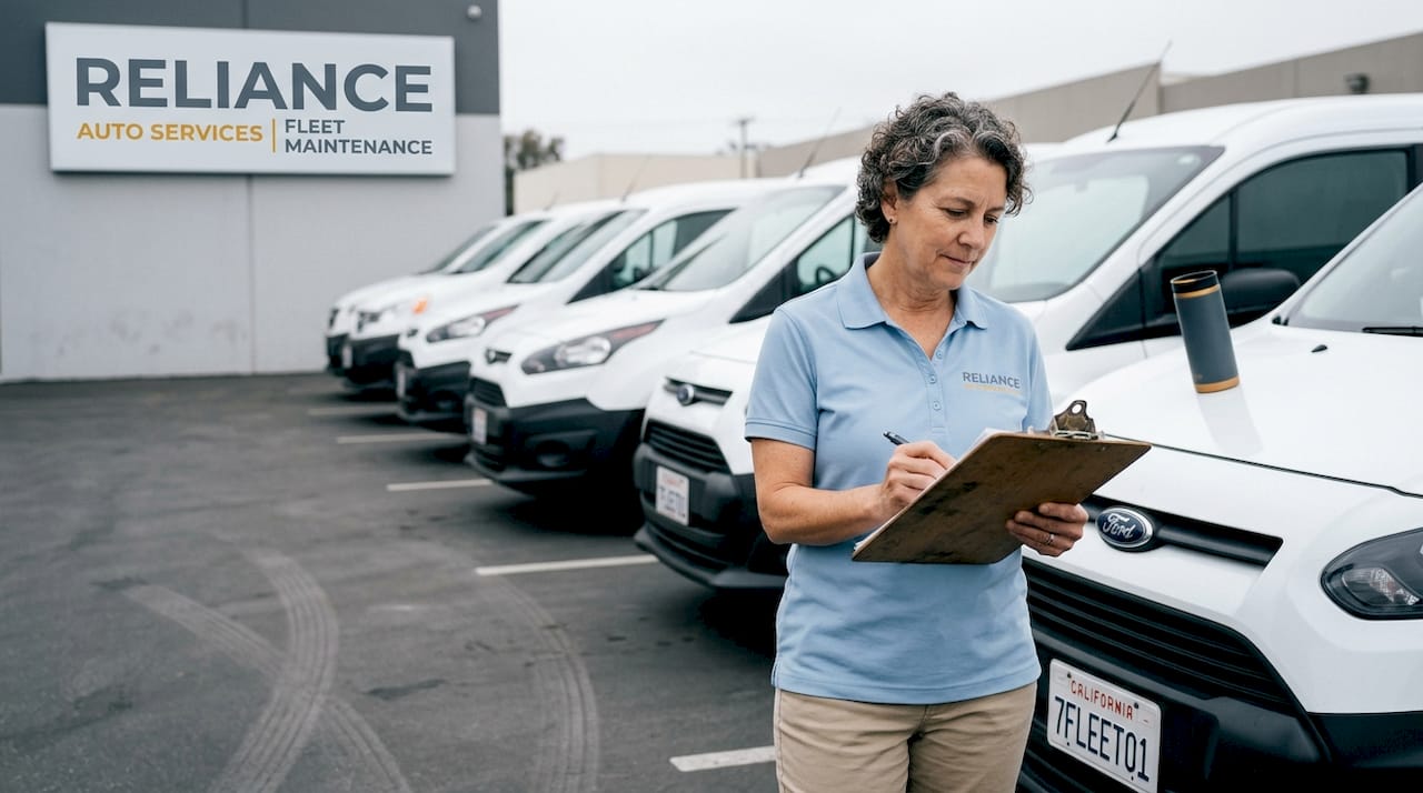Fleet manager inspecting van service paperwork outdoors