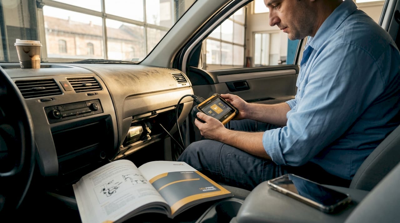 Technician servicing LPG system in car