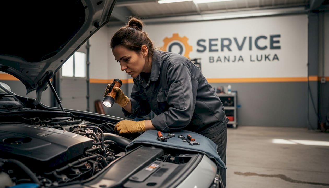 Mechanic checking LPG wiring in garage
