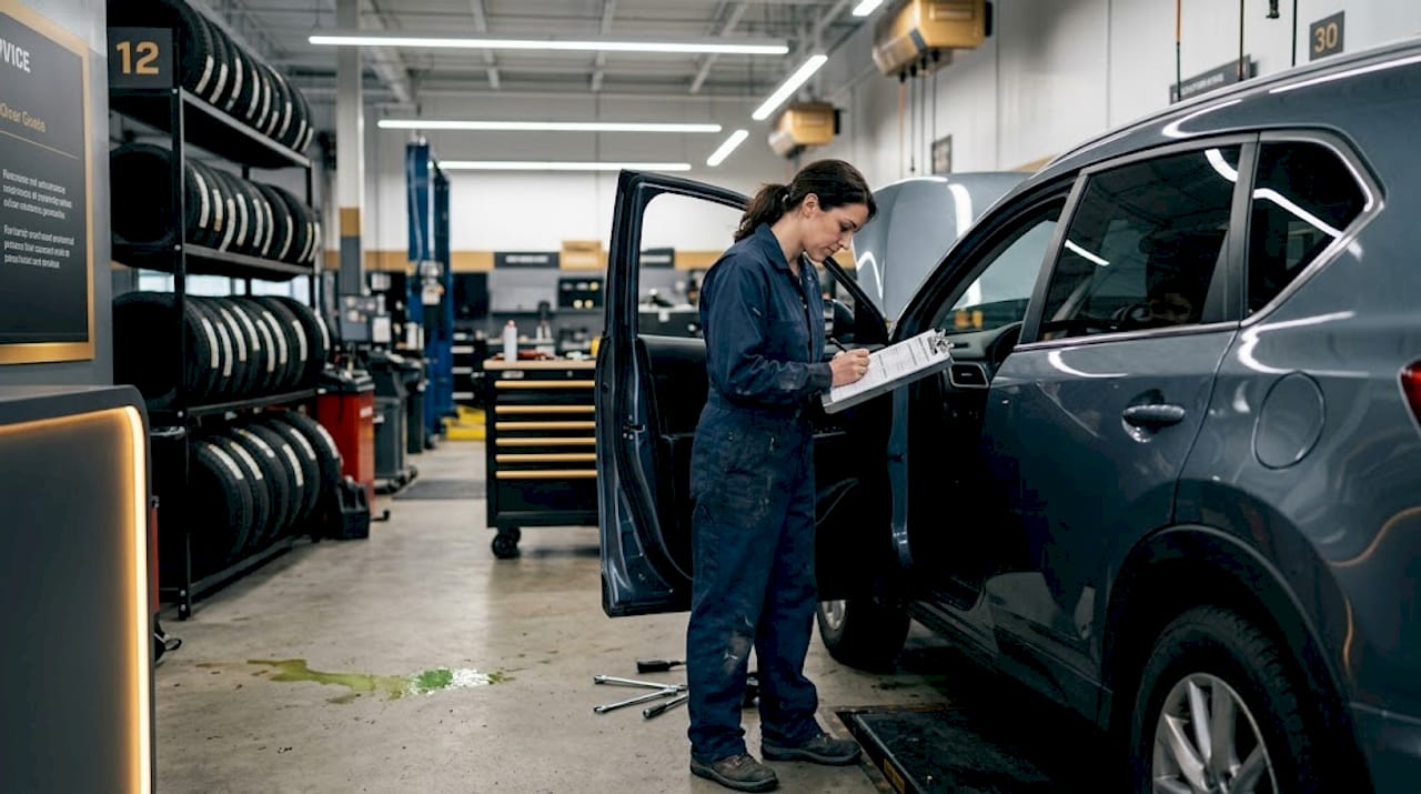 Mechanic marking vehicle maintenance checklist