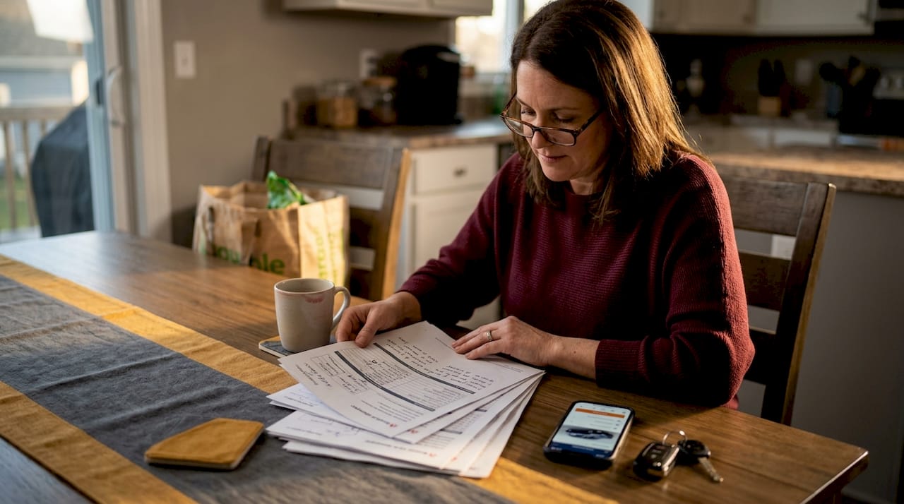 Woman reviewing car service records at table