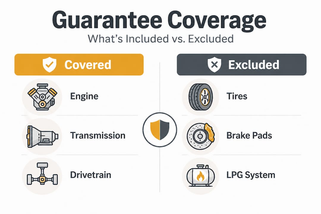 Infographic contrasting covered and excluded vehicle guarantee parts