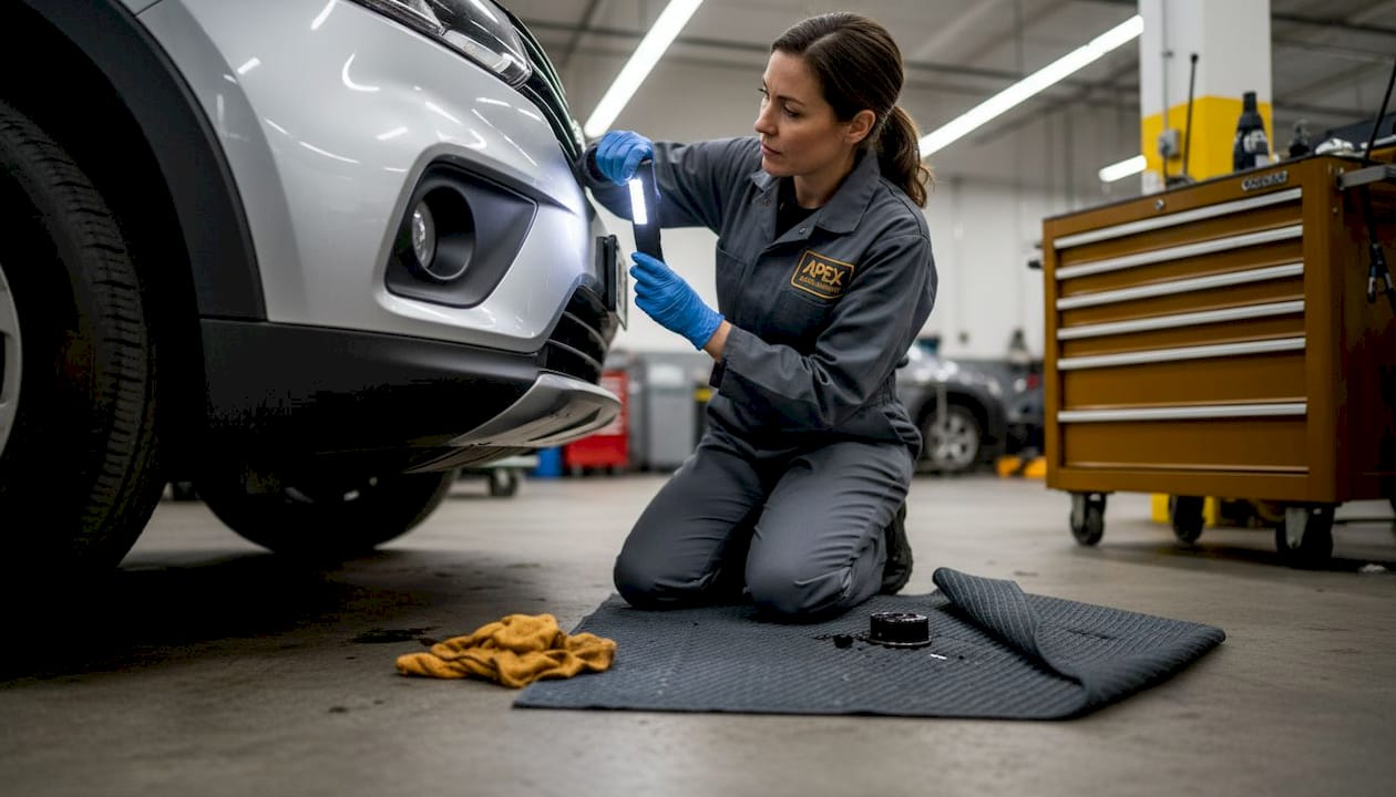 Mechanic checks under car for oil leak