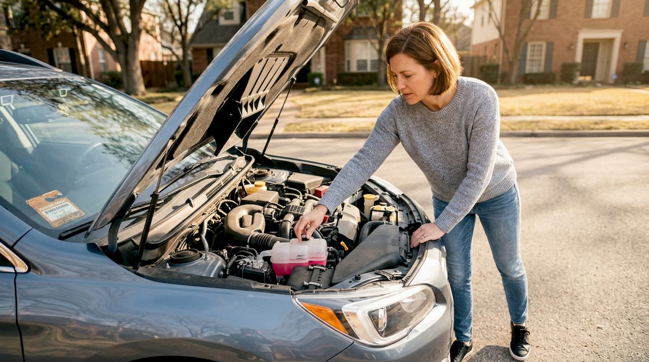 Woman checking car coolant under open hood