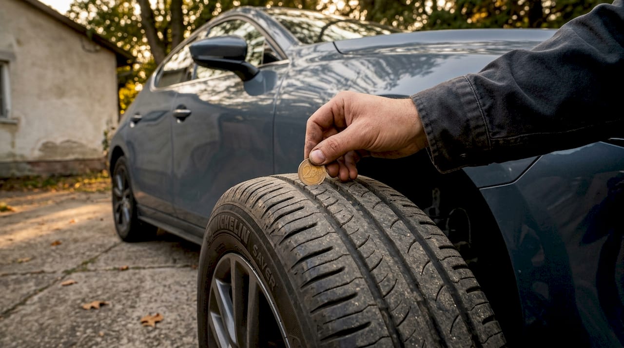 Checking tire tread depth with coin