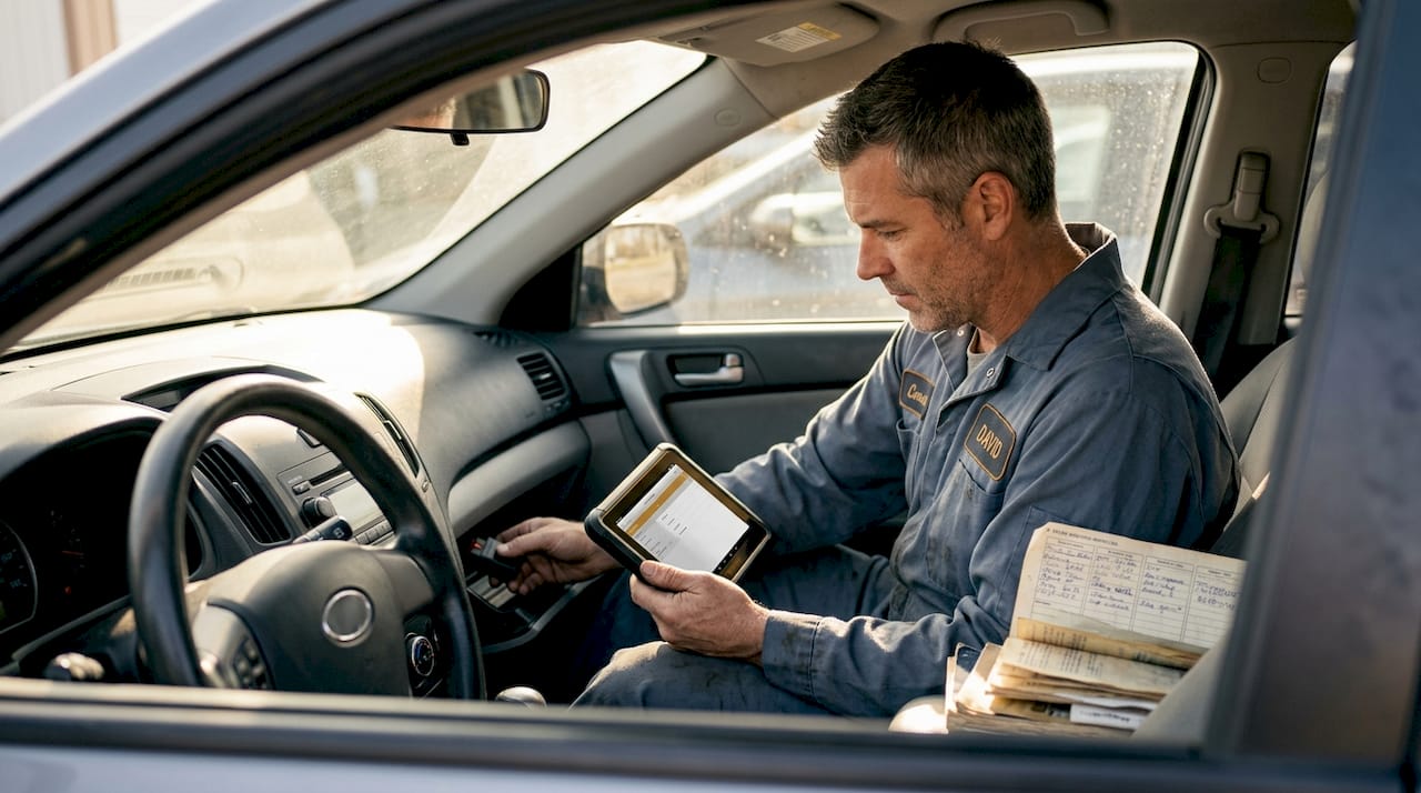 Technician performing car diagnostic test inside vehicle