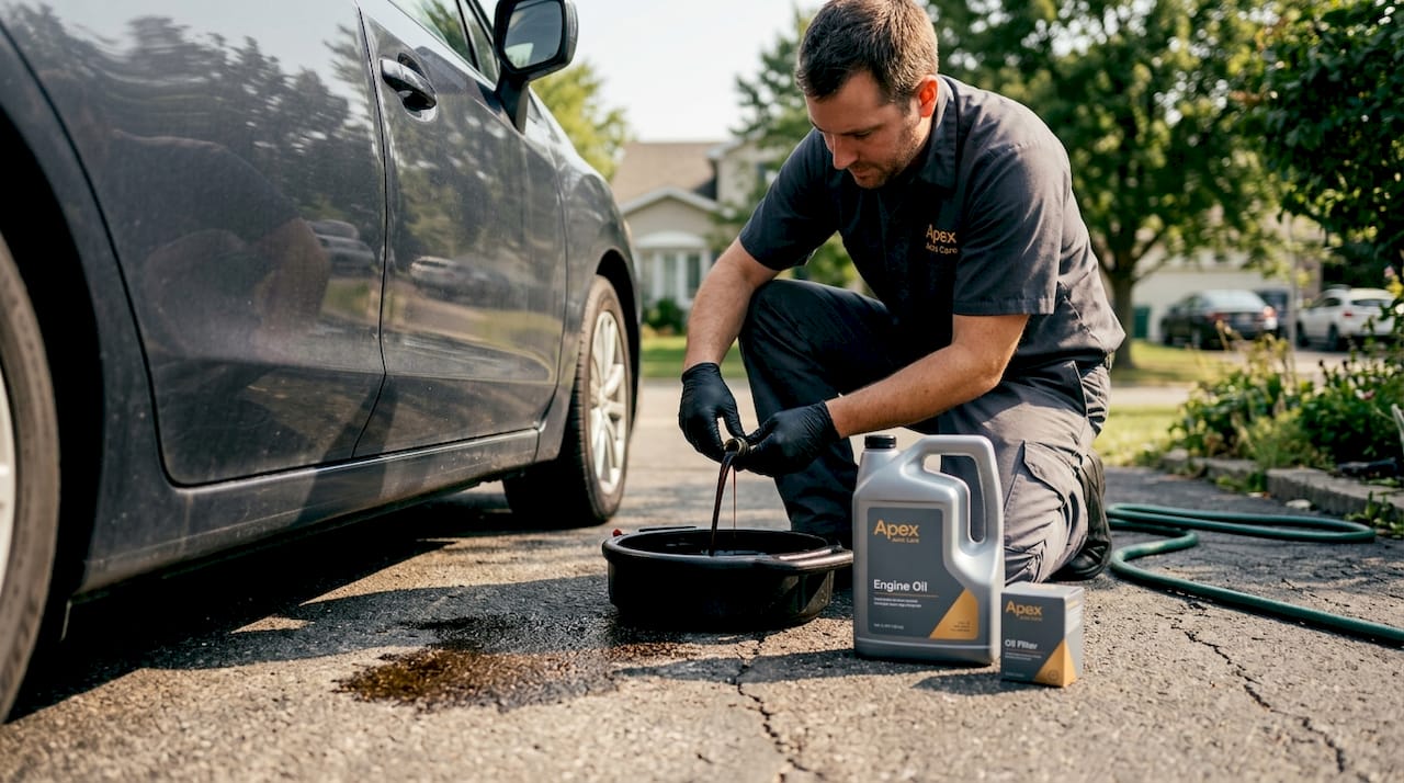 DIY oil change on driveway with tools