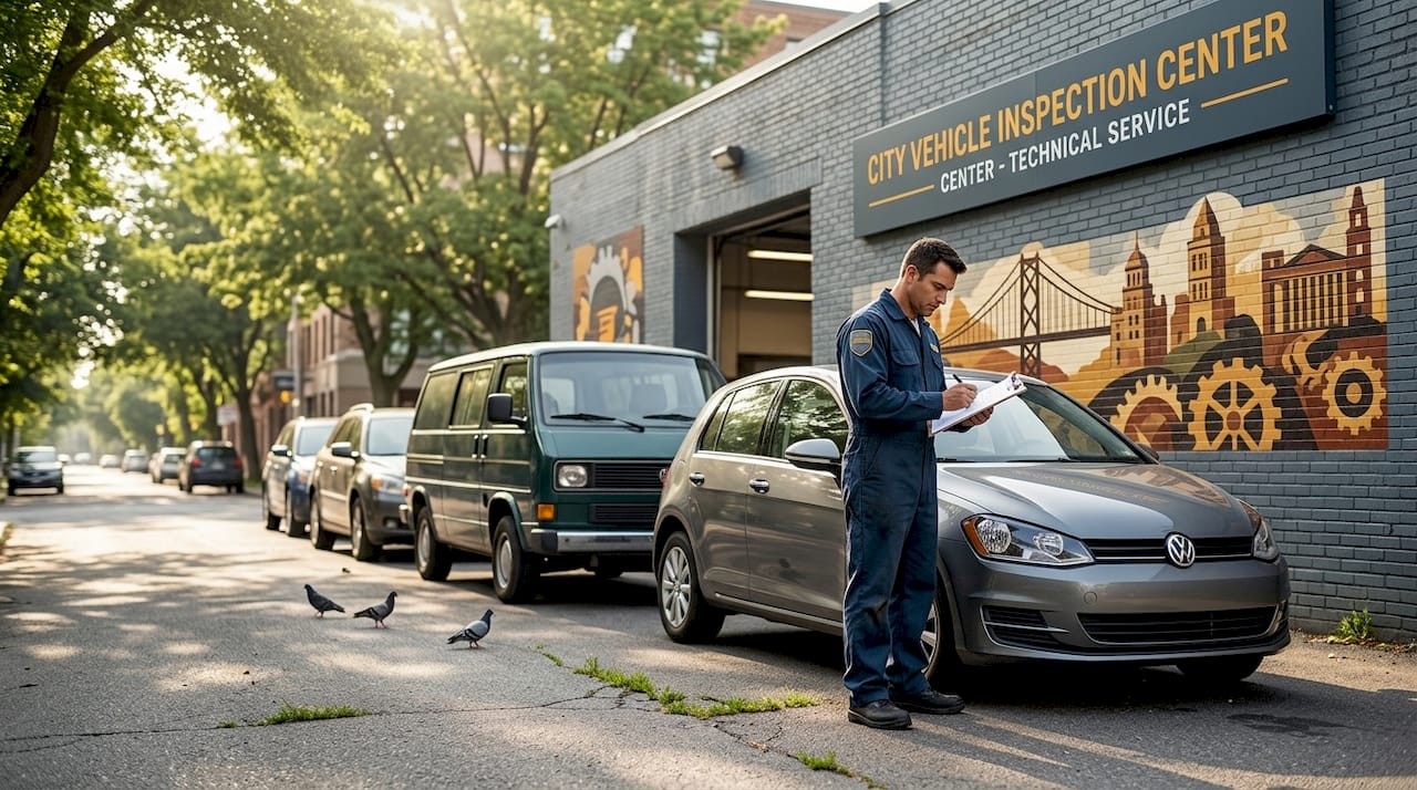 Line of vehicles awaiting emissions inspection