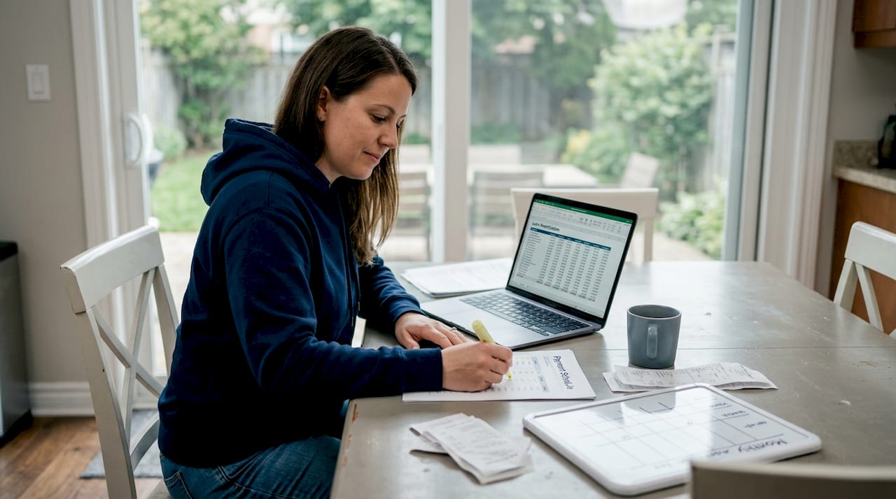 Woman reviews loan amortization schedule