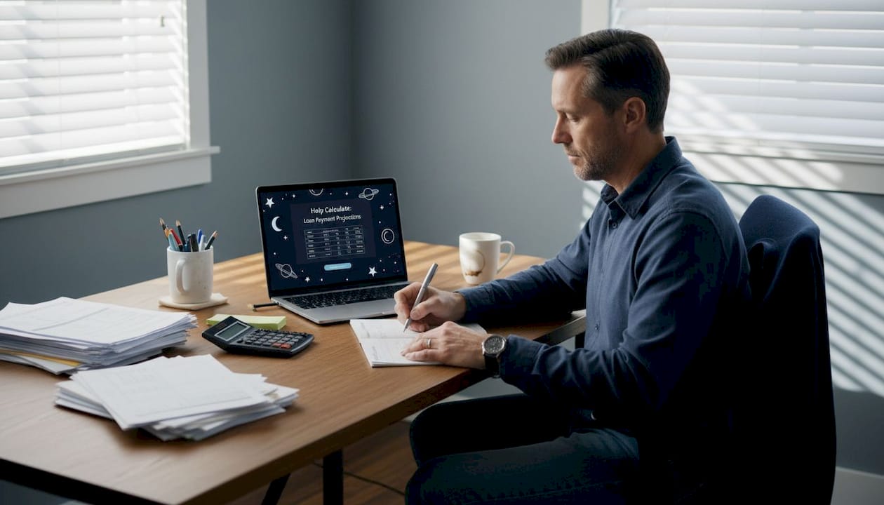 Man calculates loan payment at home desk